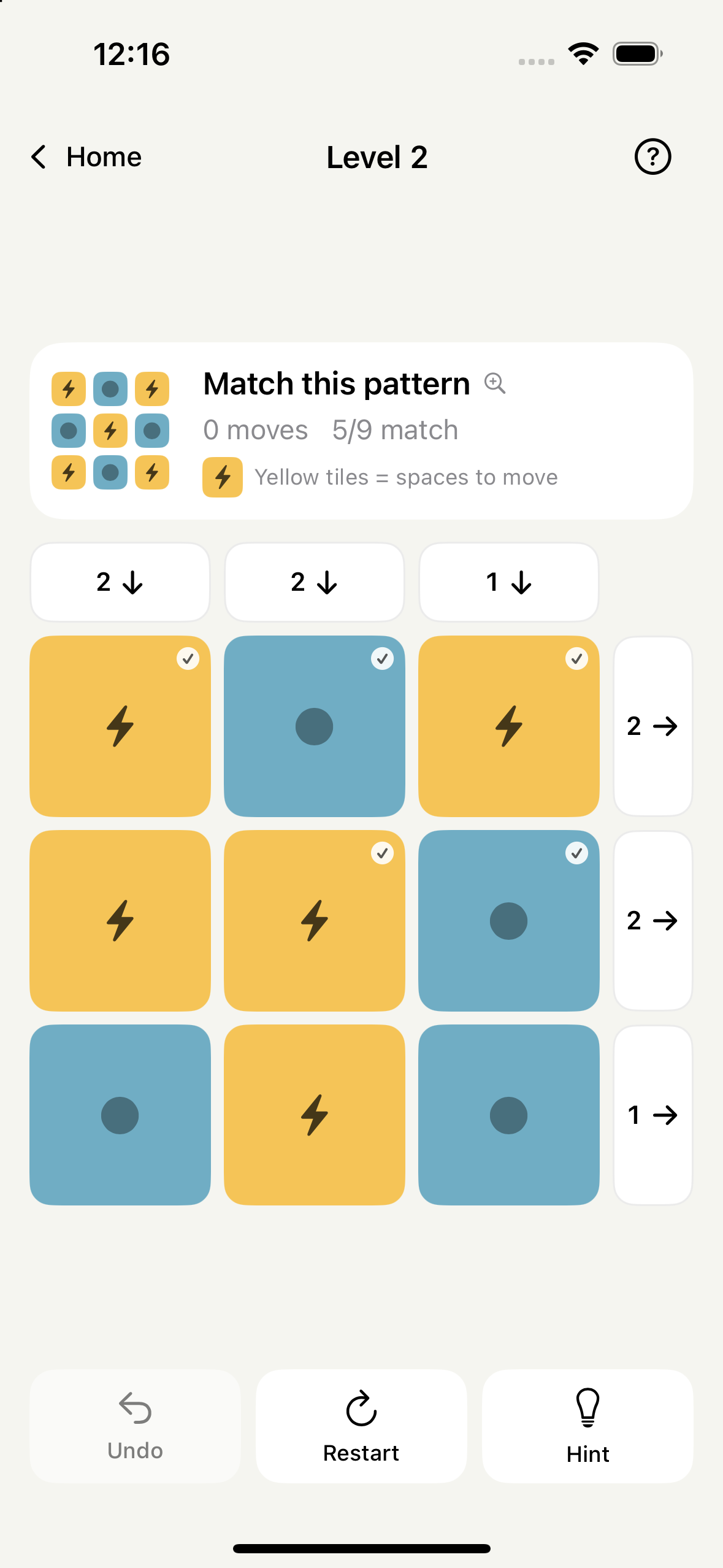 Drift gameplay showing a target pattern above the tile board and directional arrows
