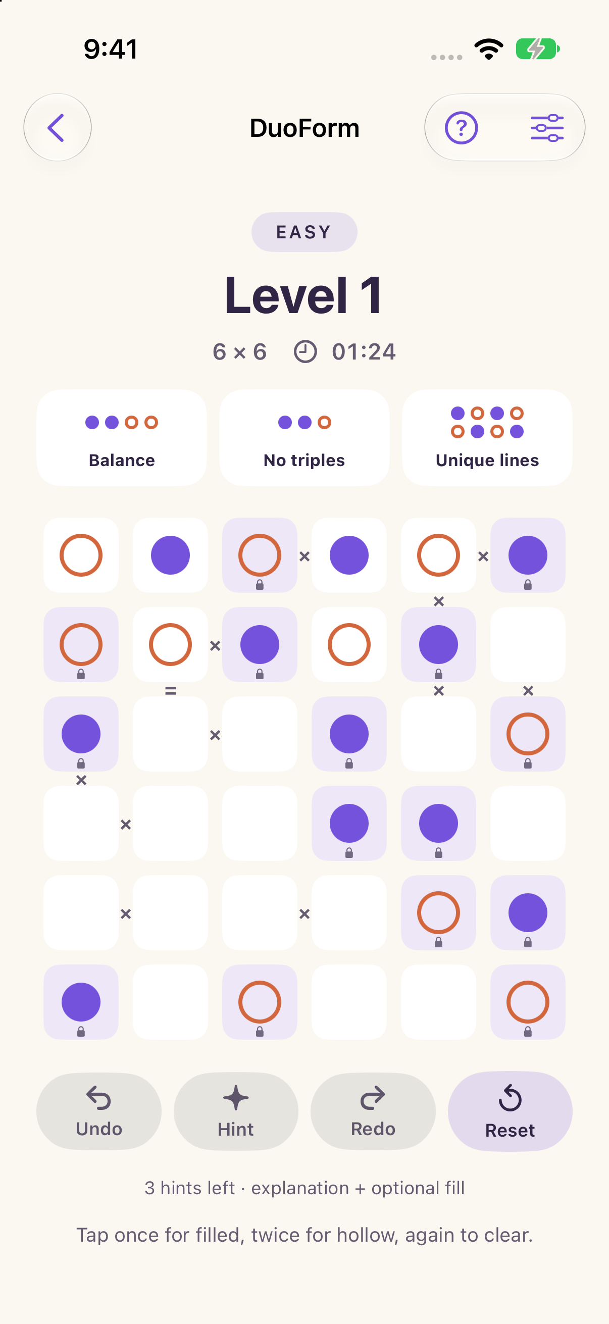 DuoForm gameplay showing filled and hollow circles with logic clues